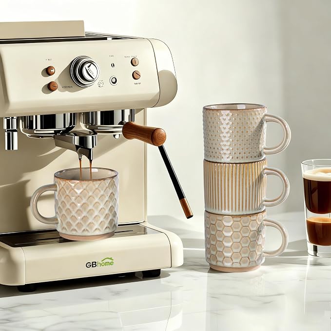 GBhome 8 OZ Stackable Coffee Mugs Set of 4, Ceramic Coffee Cups Set | 4 Assorted Designs, Embossed Mugs with Texture Patterns for Espresso/Tea, Dishwasher&Microwave Safe, Khaki - Image 5