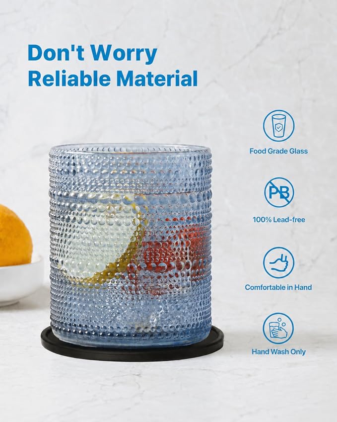 Hobnail Drinking Glasses Set of 12 with 6 Coasters, Blue | 6 Highball Glasses (14.5 oz), 6 Old Fashioned Glasses (10 oz) and 6 Silicone Coasters for Water, Whiskey and Cocktails - Image 3