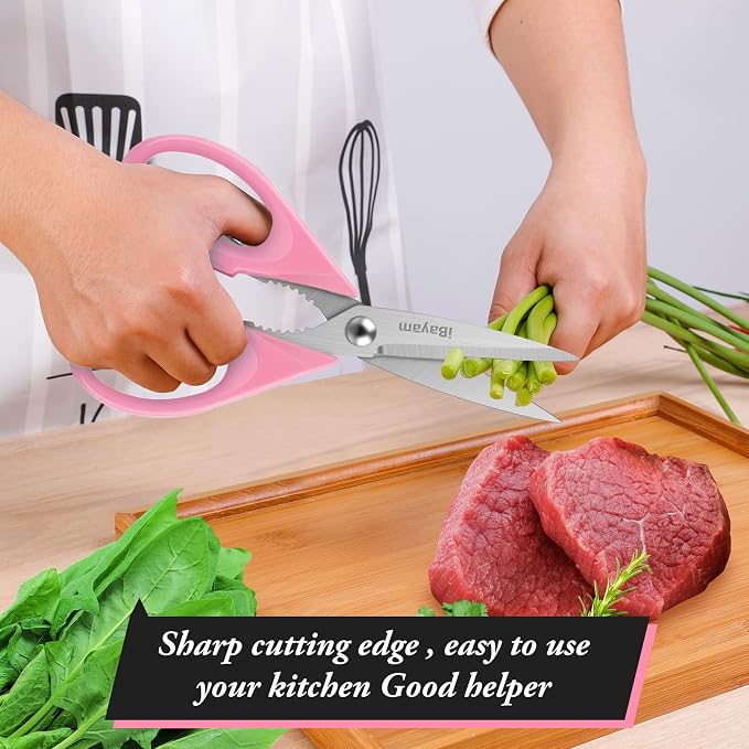 iBayam Pink Kitchen Scissors All Purpose Heavy Duty & Comfort Grip & Cover | Dishwasher Safe, 8.7" Stainless Steel Sharp Scissors Food Poultry, 2-Pack Pink Kitchen Utensils Gadgets for Cooking & Baking - Image 6