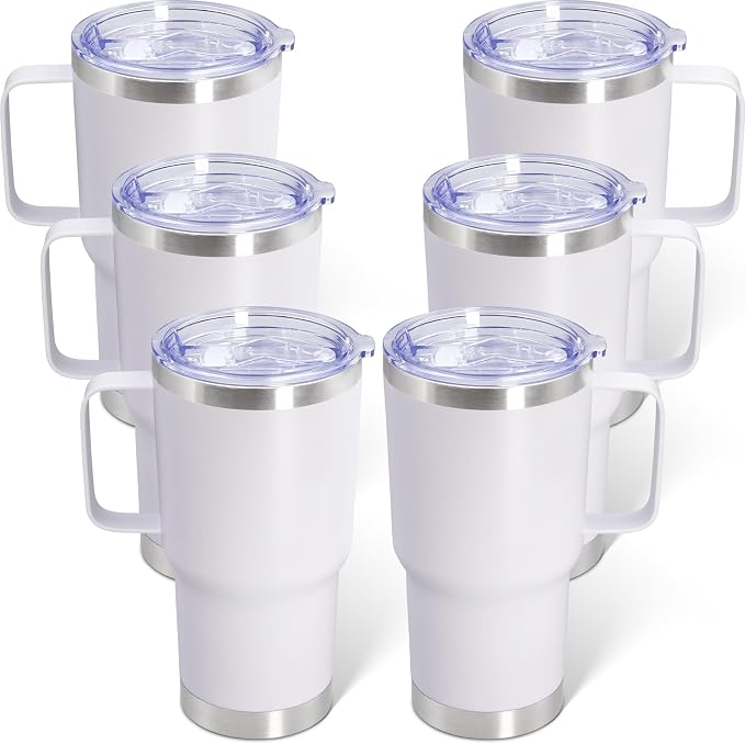 20 oz Tumbler with Handle and Lid Insulated Travel Coffee Mug White 6P | Stainless Steel Tumbler, coffee tumbler with handle,Spill Proof Double Wall Vacuum Tumbler Cup Keep Drink Hot & Cold by ATQTQ