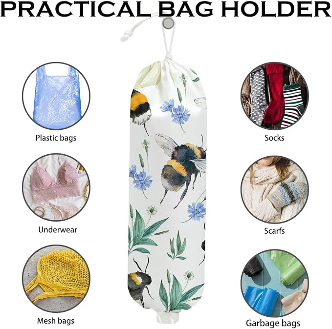 Bee Plastic Bag Holder, Summer Floral Grocery Bag Holder for Plastic Bags | Wall Mount Washable Grocery Bags Storage Dispenser for Home Kitchen Pantry Farmhouse, Bee Gifts for Women Mom - Image 3