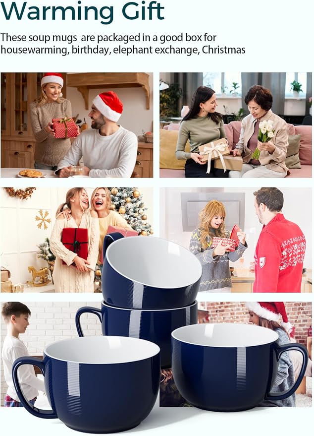 Teocera Porcelain Coffee Mugs, Soup Mugs Bowls with Handle, 24 oz Latte Mugs Set of 4 - Striped Design, Navy - Image 3
