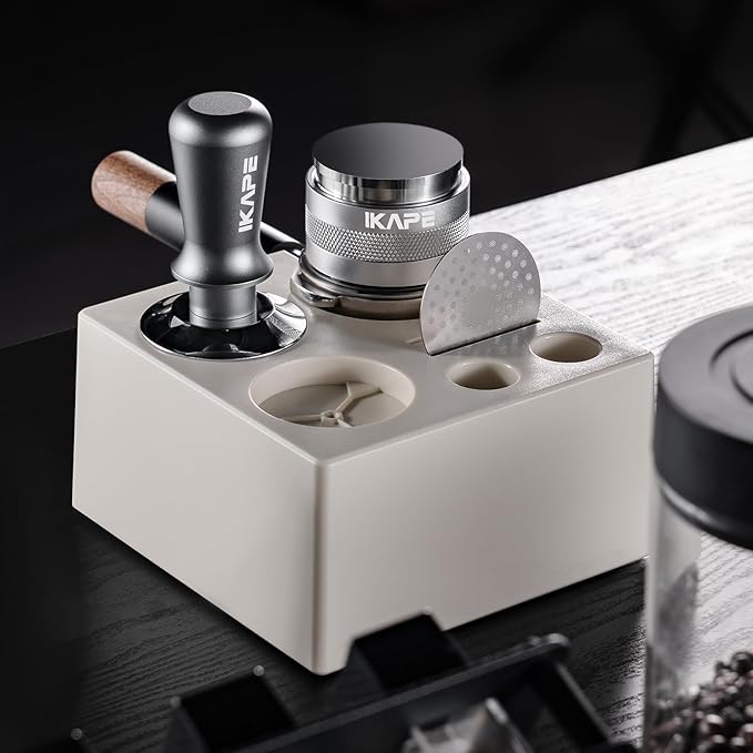 IKAPE 51MM Espresso Tamper Kit Silver 8 IN 1, Coffee Tamper Set comprising a Tamper, Distributor, Magnetic Dosing Funnel, Puck Screen, Station, WDT Tool, along with a Cleaning Towel and Brush