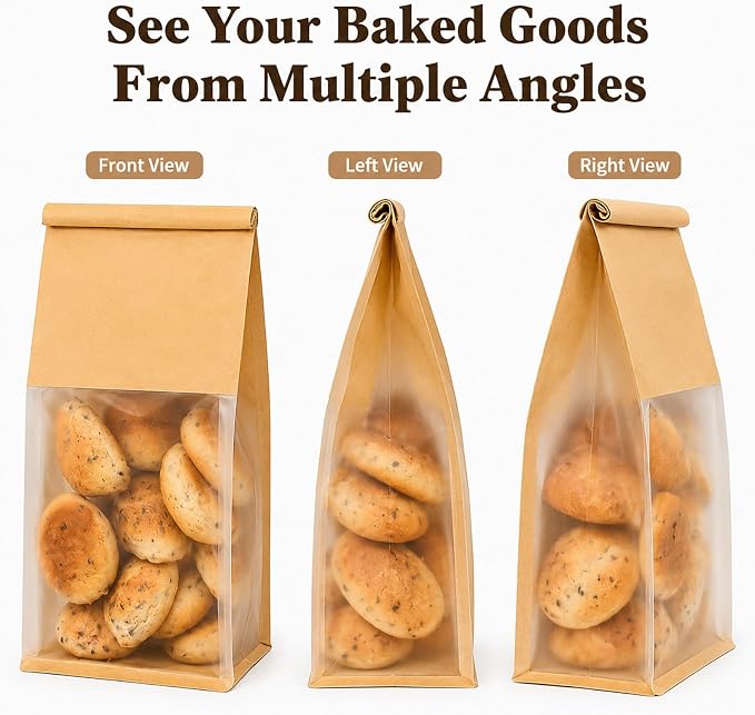 Kraft Bakery Bags with Window & Tin Tie, Stand Up Bread Bags | Window Paper Bags for Homemade Bread, Cookies, Pastries & Treats, Grease Resistant Packaging for Bake Sale, Bakery & Gifts - Image 2