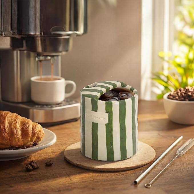 1 Pack Ceramic Coffee Mug with Sip Hole Espresso Cup 10oz with Straws Retro Hand Painted Striped Ceramic Iced Coffee Tea Travel Mug Latte Cup for Kitchen Dining (Simple,Green) - Image 6