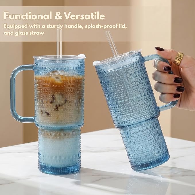 20 oz Blue Glass Tumbler with Lid and Straw, Glass Iced Coffee Cups, Spill-proof Glasses Tumbler with Handle, Glasses Drinking Set of 2, Vintage Glassware for Cocktail, Smoothies - Image 2