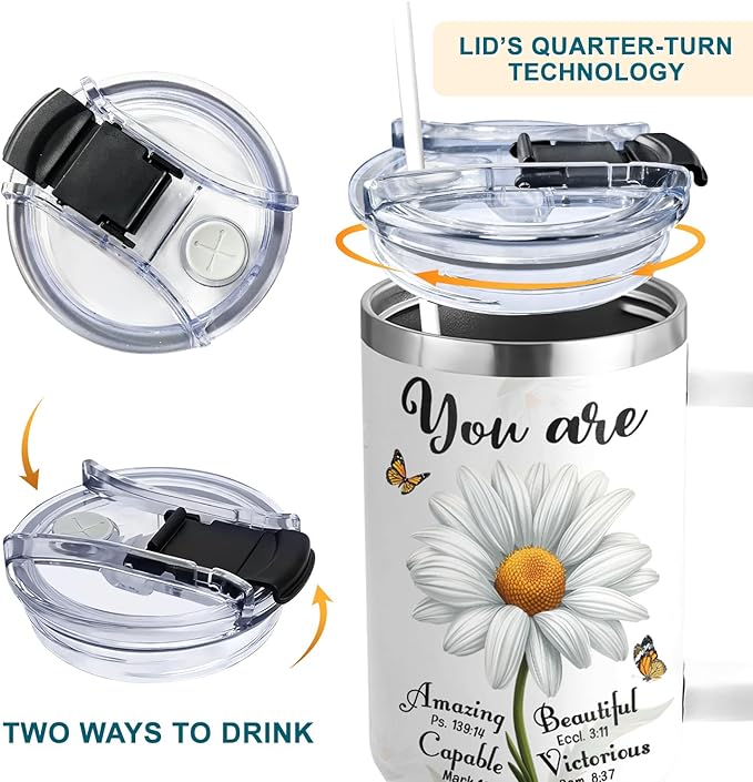 Christian Daisy Gifts for Women - Inspirational Faith Tumbler With Handle & Straw - 40Oz, Daisy Theme - Birthday, Mothers Day, Christmas