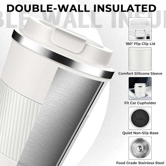 Insulated Coffee Tumbler 17 oz, Stainless Steel Coffee Mug with Lids, Travel Coffee Mug Leak Proof, Double Wall Vacuum Insulated Reusable Iced Coffee Cup, Keep Drinks Hot and Cold (White, 17 Ounces) - Image 4
