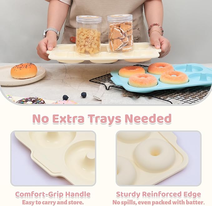 4 Inch Nonstick Silicone Donut Pan for Baking with Metal Frame, 1 Pack Large Donut Molds for Baking, 6 Cavity Doughnut Pan for Oven and Full-size Bagel Trays Non Toxic with Handle, (Beige)