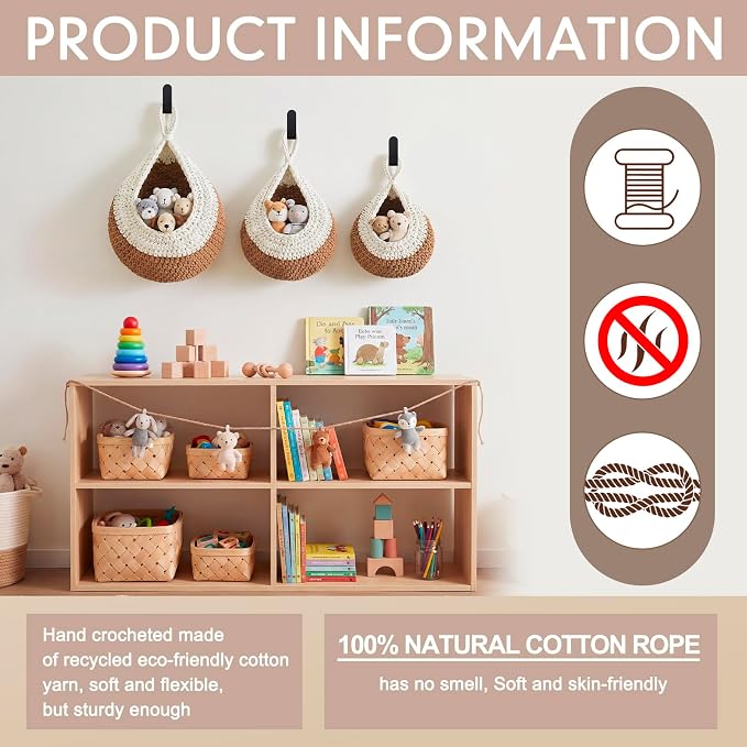 Honeydak Boho Decor Hanging Wall Baskets for Kitchen 3 Pack Teardrop Baskets with Hooks Storage Fruit Onion Vegetable Potato for Home 3 Sizes(White and Beige,Teardrop,Cotton Rope) - Image 3