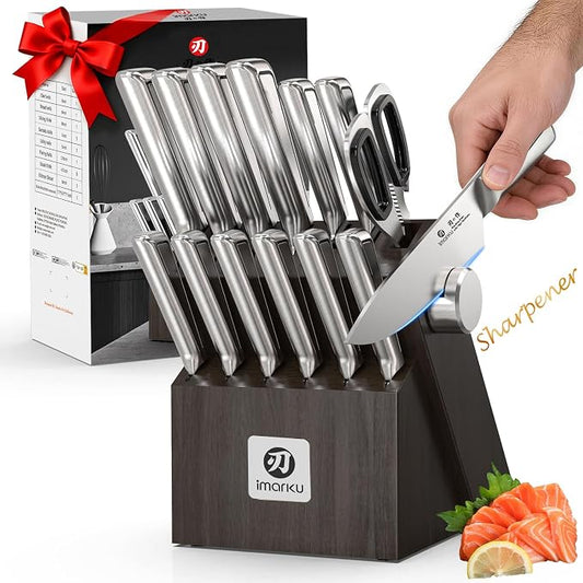 Knife Sets for Kitchen with Block imarku G14 Japanese Knife Set Stainless Steel Kitchen 14pcs, Built-in Sharpener, Sharp Knives with Non-slip Ergonomic Handle - Dishwasher Safe, Home Essential Gifts by imarku