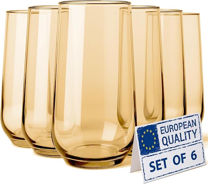 Amber Drinking Glasses Set of 6 | Translucent Yellow Glassware | 16 oz Amber Glass Cups | Highball Drinkware for Cocktails, Long Drink, Mojito, Juice, Soda | Modern Sun-Tinted Drinkware by Biandeco
