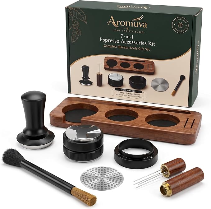 7 PCS Espresso Accessories Kit - 58mm Espresso Tamper Kit with Distributor, Tamping Station, WDT Tool, Funnel, Puck Screen & Brush - Espresso Machine Accessories for 58mm Portafilter by Unknown
