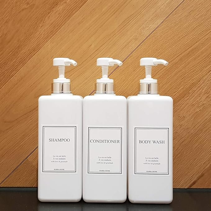 Modern Design Large 27 oz Shampoo and Conditioner Dispensers - Empty Plastic Refillable Pump Bottle Set for Bathroom Shower Soap Dispenser, Gift Box Included, Set of 3, (White & Silver)