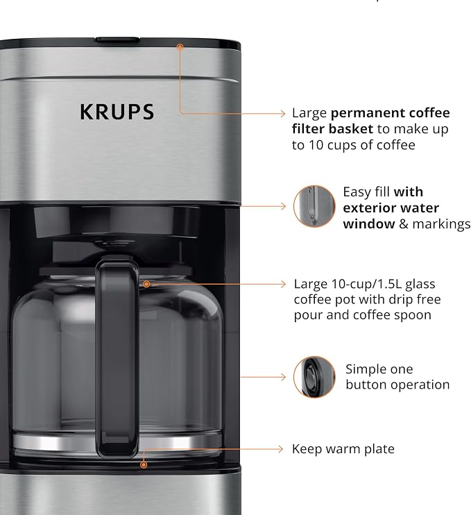 KRUPS Coffee Maker 10 Cups Simply Brew Stainless Steel Drip Coffee Maker, 900 Watts Coffee Filter, Drip Free, Dishwasher Safe Pot , Black & Silver | Pause & Brew mid-cycle pour, Keep Warm function, Reusable filter included, Drip-free dishwasher-safe gl... - Image 6