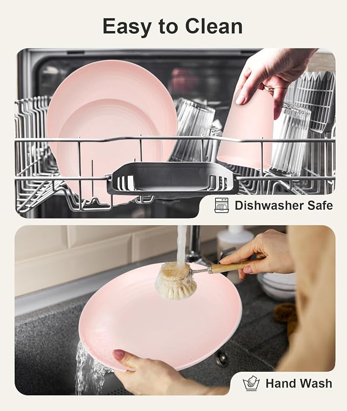 Quatish 24 Piece Plates and Bowls Sets for 6, Unbreakable Dinnerware Sets, Plastic Dish Set for Camping, Dishwasher Microwave Safe, Outdoor Kitchen and Apartment Dorm Dinning RV Essentials, Pink - Image 5