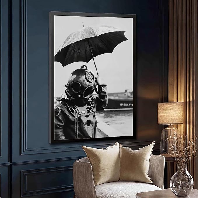 UXCBIA Deep Sea Diver Holding Umbrella, 1940s Paris, Black And White Vintage Photo, Lake House Poster Canvas Poster Bedroom Decor Sports Landscape Office Room Decor Gift Black Frame 08x12in(20x30cm) - Image 3