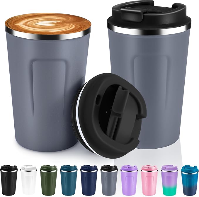 Volhoply 12 oz Double Wall Insulated Vacuum Travel Coffee Mugs with Flip Lid Bulk 2 Pack,Reusable Stainless Steel Leak Proof Coffee Cup,Portable Cafe Thermal Tumbler for Hot & Cold Drinks(Gray,2 Set) by LiveFully%EF%BC%8CDrinkFreely%E2%80%94KeepGoingwithVolhoply%EF%BC%81