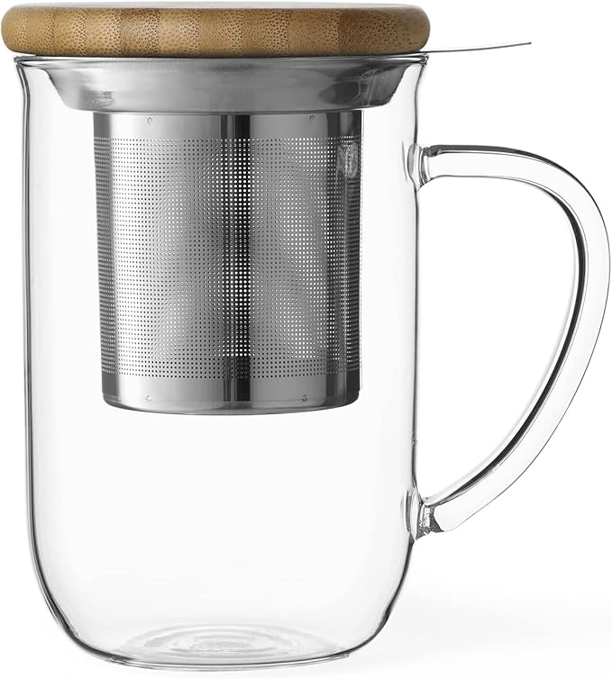 VIVA Minima Balance Glass Infuser Tea Cup - 17 oz / 500 ml Mug with Stainless Steel Infusion Mesh and Bamboo Wood Lid