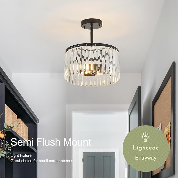 Modern 12" Black Semi Flush Mount Crystal Ceiling Light Fixtures for Dining Room Luxury Glam 2-Light Small Chandeliers Lighting for Bedroom Entryway Hallway Living Room Kitchen Island Foyer - Image 3