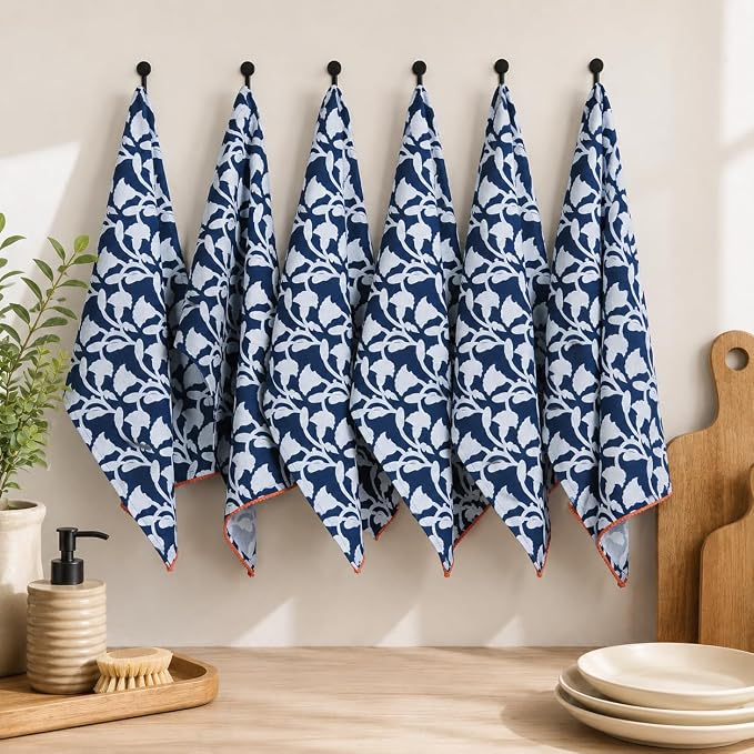 Printed Kitchen Dish Bar and Tea Towels Cotton, 18x28 inch with Trims, Cotton Dish Towel Sets (Allover Blue, Set of 6) by TARANLIVING