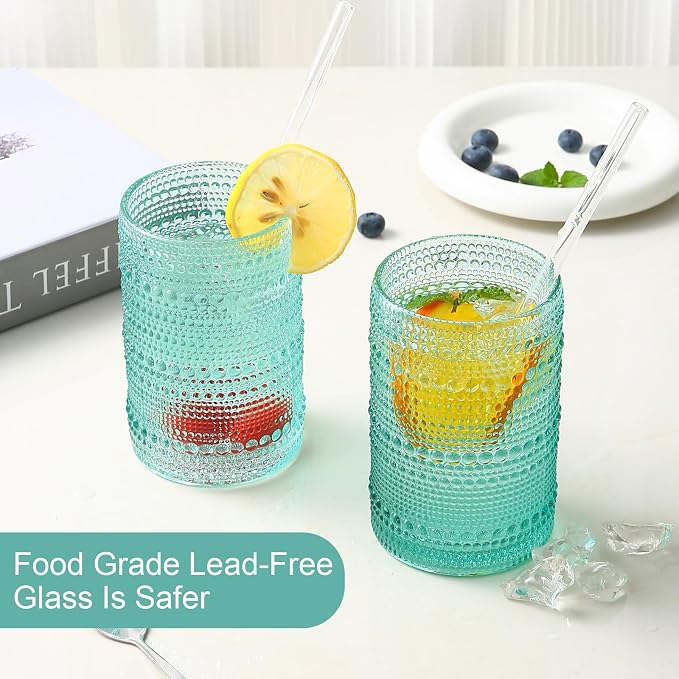 ZMOWIPDL Drinking Glasses Set of 6,15 oz Lake Blue Hobnail Glass Cups | Vintage Glassware，Embossed Water Tumbler,for Beer,Cocktail,Whiskey,Juice and Various Mixed Drinks- 1 Cleaning Brush - Image 4