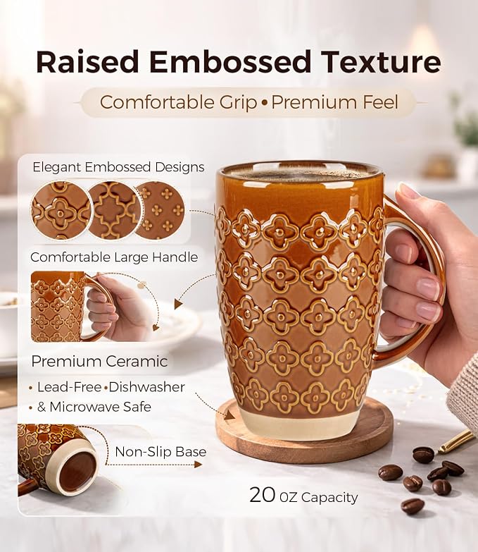 GBhome 20oz Large Coffee Mugs Set of 6, Handmade Tall Ceramic Coffee Mugs with Texture Patterns for Cappuccino, Latte,Hot Cocoa, Dishwasher & Microwave Safe - Image 3