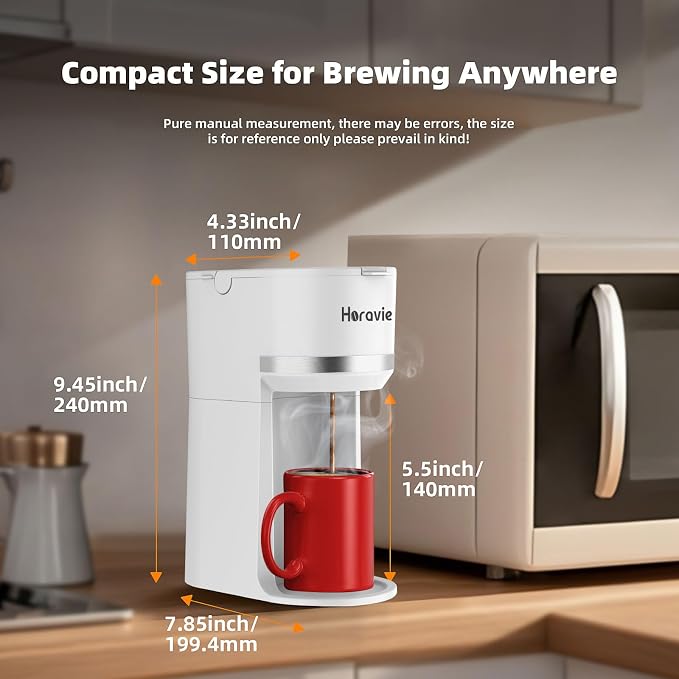 Horavie Mini Single Serve Coffee Maker for K-Cup Pod and Ground Coffee, Fast Brew One Cup Coffee Machine with Descaling Reminder and Viewing Tank, 6 to 12 oz. Brew Sizes, White - Image 4