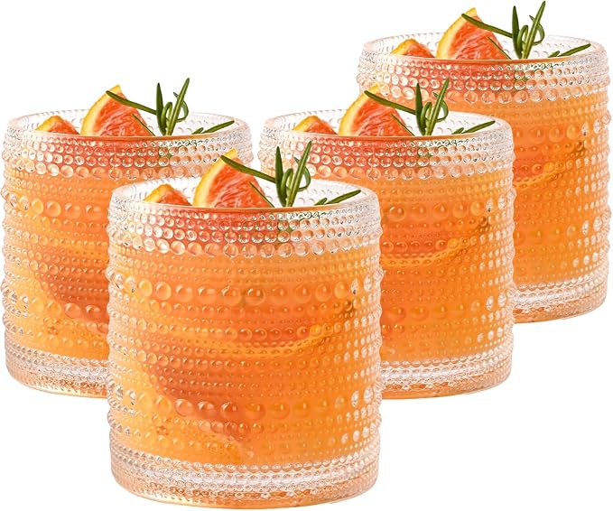 Set of 4 Hobnail Drinking Glasses,15.2 Oz Romantic Water Glasses, Clear Embossed Design Vintage Glassware, Cocktail Glasses, Beaded Drinking Glasses for Water, Beer, Juice(15oz+4") by Unknown