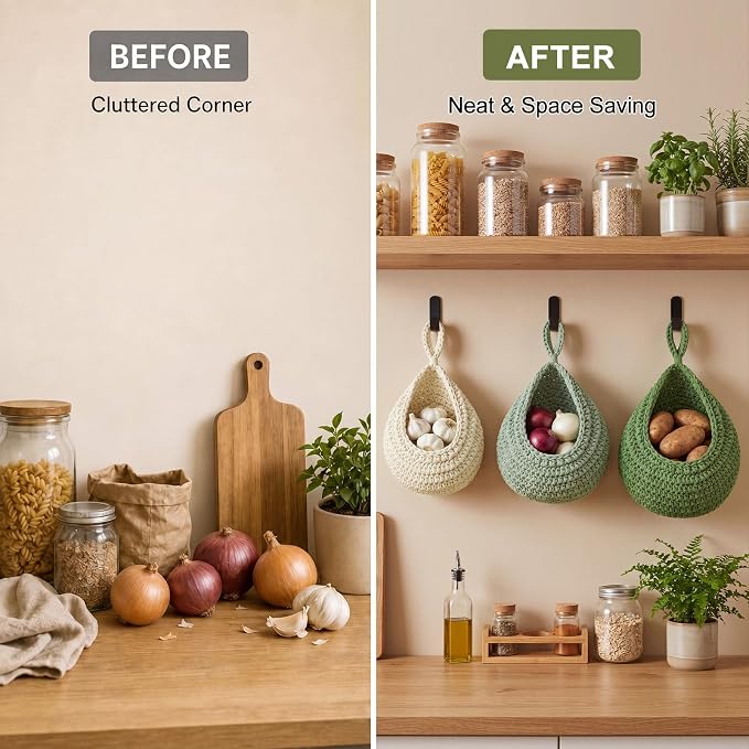 Honeydak Boho Decor Hanging Wall Baskets for Kitchen 3 Pack Teardrop Baskets with Hooks Storage Fruit Onion Vegetable Potato for Home - Image 6