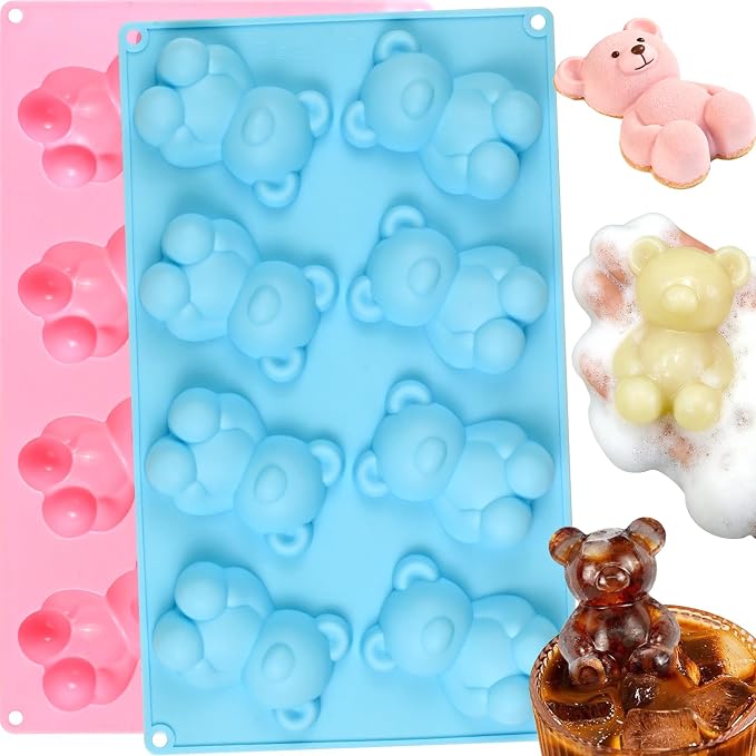 Bear Silicone Mold, 2 Pack Large Bear Chocolate Molds 16 Cavity | Non-stick, 3D Bear Ice Cube Molds for Candy Soap Candle Cake Decora Jello DIY Art Crafts Home Baking Activities Summer Party by SIQINZONGWA