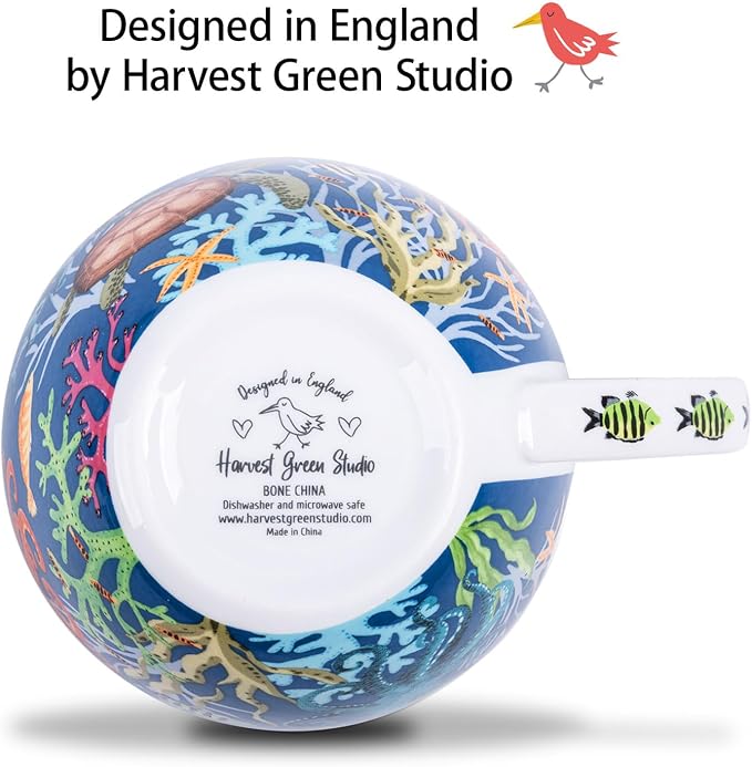 Summer Ocean Wonders Hug Mug - 20oz Deep Blue Bone China Coffee Mug with Sea Turtle, Octopus and Tropical Fish, Marine Life Themed Gift for Ocean Lovers, Designed in England by Harvest Green Studio - Image 6