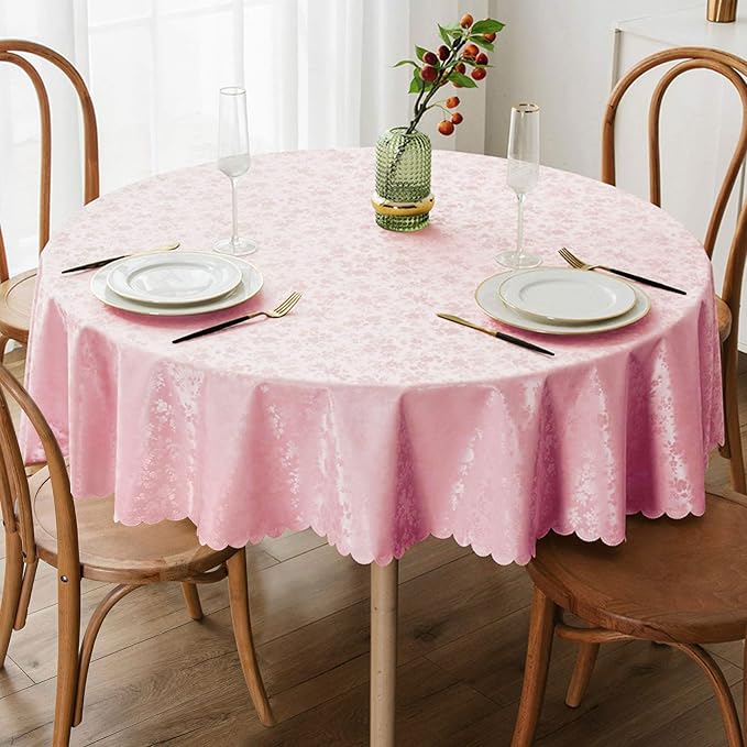 Smiry Round Waterproof Heavy Duty Vinyl Tablecloths, 70 x 70 Inch | Wipeable Washable Floral Embossed Table Cover for Kitchen and Dining Room, Indoor & Outdoor Use, Pink by Smiry