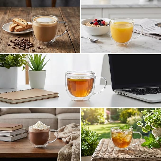 Double Wall Glass Coffee Mugs with Handle, 7.4 oz (220ml) Clear Insulated Espresso Cups for Cappuccino, Latte, Hot Tea & Cold Drinks, Microwave Safe Borosilicate Glassware, Set of 2 (6oz(2-pack)) - Image 2