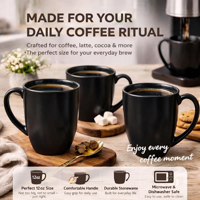 AmorArc 12 OZ Coffee Mugs, Matte Black Coffee Cups with Large Handle for Man, Woman, Ceramic Coffee Mugs Set of 12 for Latte/Cappuccino/Cocoa/Milk, Dishwasher & Microwave Safe - Image 3