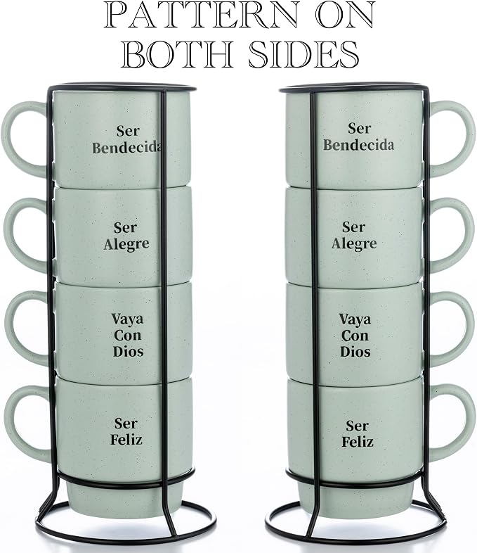 Signature Housewares Stackable Coffee Mug Tower Set with Metal Wire Rack - 15 Ounce Coffee Mugs for Coffee, Tea, Cocoa, Milk, Cappuccino, Hot Chocolate Set of 4 - Spanish Bendecida Blessed - Image 3