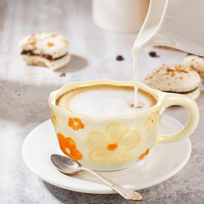 Lemecima 4 Styles Cute Ceramic Flower Coffee Mug Set 8.5 oz Vintage Aesthetic Porcelain Floral Tea Coffee Cup with Handle Dishwasher Microwave Safe for Thanksgiving Christmas Gifts for Women Gifts - Image 7