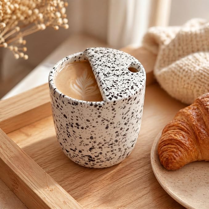 Ceramic Coffee Mug with Sip Hole 10 oz Speckled Pattern Coffee Cup Retro Hand Painted Ceramic Tea Travel Mug Cappuccino Latte Cup for Kitchen Dining Travel, Microwave & Dishwasher Safe - Image 5
