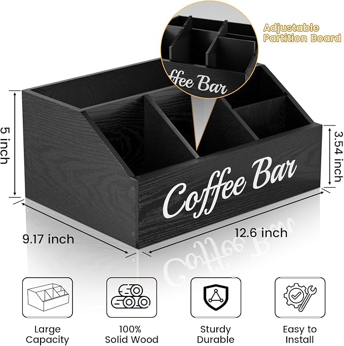 Coffee Station Organizer for Countertop – Wooden Coffee Bar Organizer with Adjustable Dividers,Holds K Cup Pod & syrup bottles, for Kitchen, Office, or Bar and Tea Station, Black - Image 4