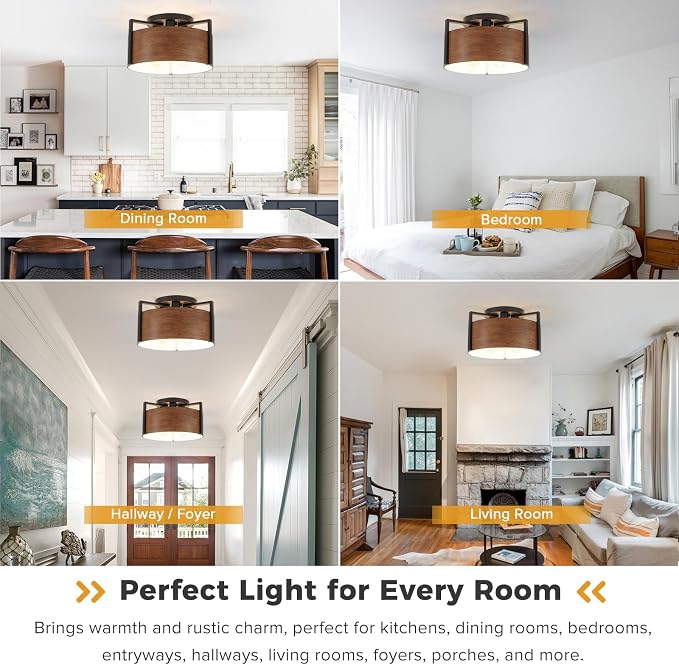 15'' Farmhouse Semi Flush Mount Ceiling Light, 3-Light Rustic Hallway Entryway Light Fixtures, Metal Wood Grain Finish Close to Ceiling Lights for Kitchen Dining Room Bedroom Living Room Foyer - Image 4
