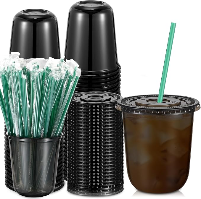 Baderke 25 Set Plastic Cups with Lids and Straws, Disposable Plastic Iced Coffee Cup for Cold Beverage Juice Smoothie Crystal for Coffee Shops Party Catering(Black,14 oz) by Baderke
