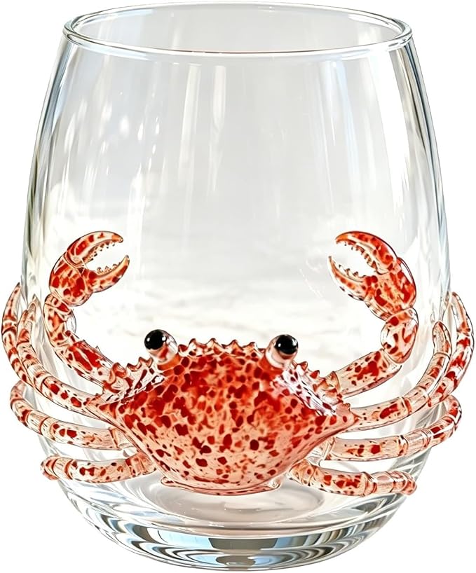 Handcrafted 3D Sea Turtle Stemless Wine Glass | Artisanal Ocean Theme Borosilicate Glassware, Coastal Marine Animal Decorative Drinkware, Coastal Home Decor Gift(Crabs) by Unknown