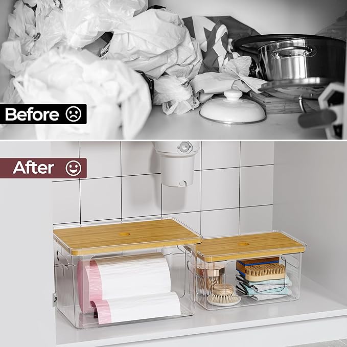 Delamu 2 Pack (XL+S) Trash Bag Dispenser, Stackable Garbage Bag Holder | Clear Acrylic Organizer Bins for Under Sink Organization, Pantry Storage, Cabinet, Kitchen, Laundry, Bathroom - Image 5