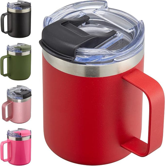 12oz Insulated Coffee Mug Cup with Handle, Stainless Steel Travel Coffee Mug with Flip Lid, Double Wall Vacuum Coffee Tumbler, Red by ALOUFEA