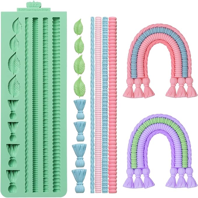 KALAIEN Hemp Rope Fondant Mold, Pearl Knit Rope Silicone Mold Macrame Tassel Cake Decorating for Baking Cookies, Clay Molds, Sugarcraft, Chocolate, Candy, Pastry Molds (Hemp Rope)