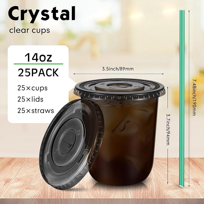 Baderke 25 Set Plastic Cups with Lids and Straws, Disposable Plastic Iced Coffee Cup for Cold Beverage Juice Smoothie Crystal for Coffee Shops Party Catering(Black,14 oz) - Image 3
