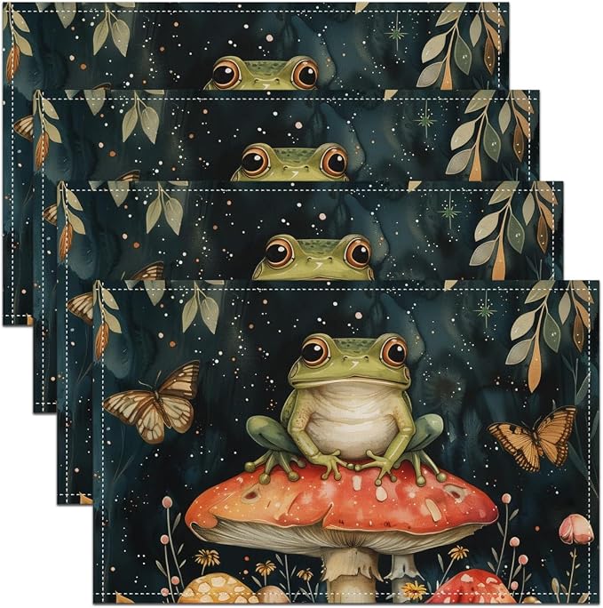 Feelyou Frog Placemats Set of 4 Cute MushKitchen Dining Table Placemats for Dining Table Indoor Outdoor Kitchen 12"x18" Cartoon Mushrooms Table Mats Placemat Kawaii Decor Table Place Mats Animal Print by Feelyou