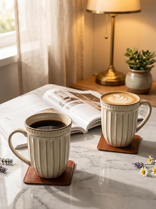 HASENSE Textured Coffee Mugs Set of 4, 16 Oz Ribbed Ceramic Cups with Large Handle for Latte Tea Cappuccino, Stackable Embossed Mugs for Everyday Use, Microwave & Dishwasher Safe, Creamy Beige - Image 9