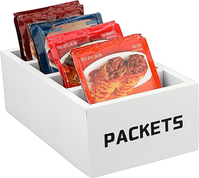 BSTKEY Seasoning Packet Organizer, Food Packet Storage Organizer with 4 Compartments, White Wooden Storage Caddy for Kitchen Pantry Cabinet, Farmhouse Kitchen Organization Bins for Snack Spice Packets by BSTKEY