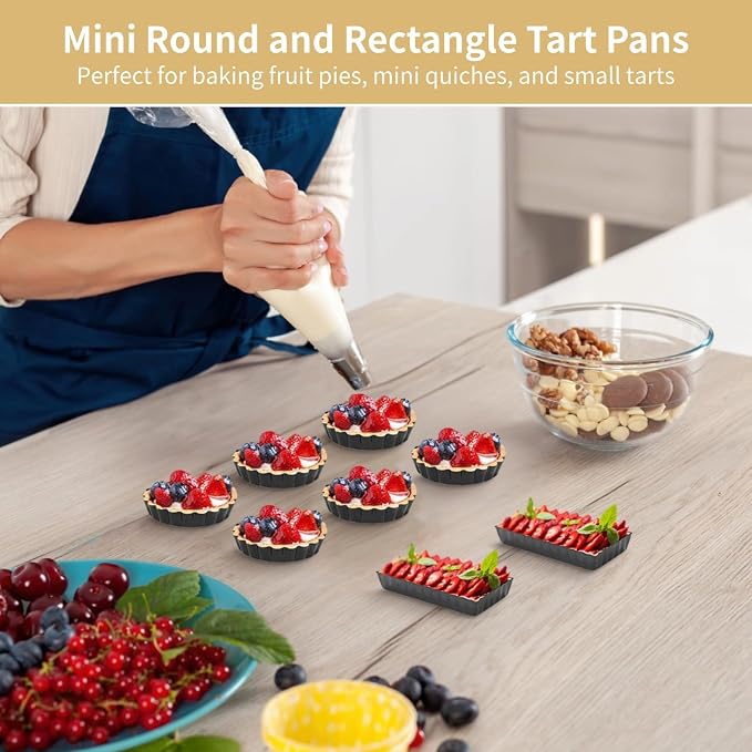 16 PCS Mini Tart Pans, Round and Rectangle Pie Pans, Removable Bottom Nonstick Quiche Pan, 4 Inch Carbon Steel Tart Mold, Fluted Side Dessert Baking Mold Set for Egg Tarts, Pies, Mousse Cakes - Image 2